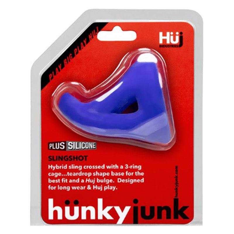 Hunkyjunk SLINGSHOT 3-ring teardrop silicone cock ring in packaging for enhanced fit and comfort