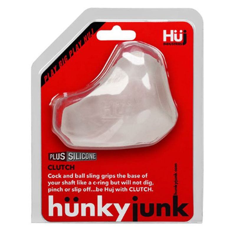 Hunkyjunk CLUTCH cockball sling in red packaging with plus silicone blend for comfortable, secure grip