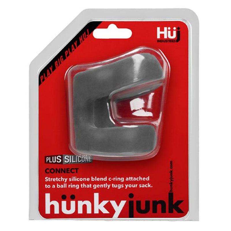 Hunkyjunk CONNECT Cock Ring balltugger in red packaging with stretchy silicone dual-ring design for enhanced pleasure and comfort