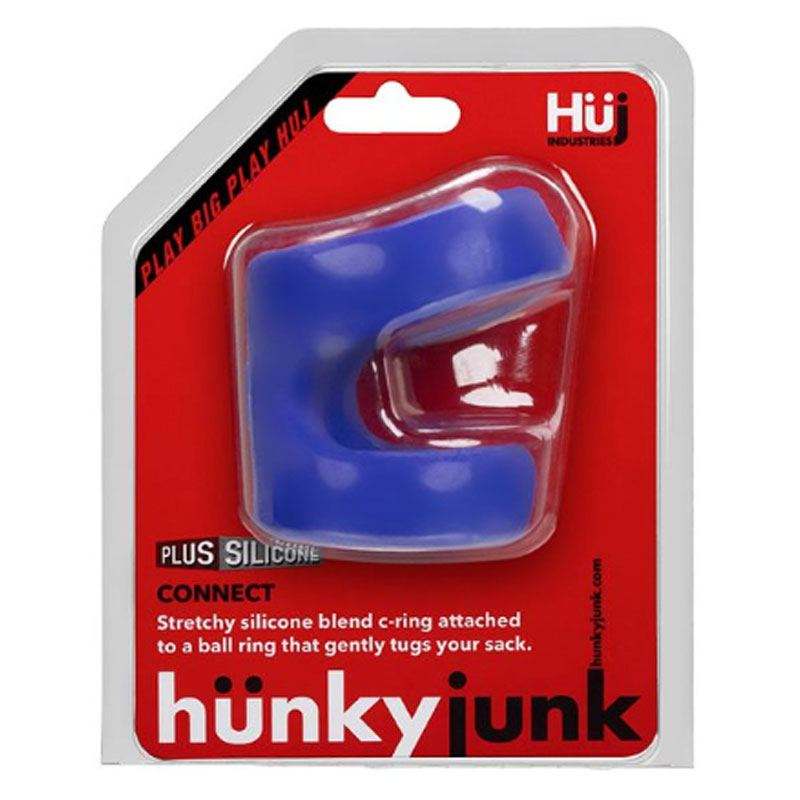 Hunkyjunk CONNECT Cock Ring in blue silicone with dual-ring design for enhanced pleasure and comfort.