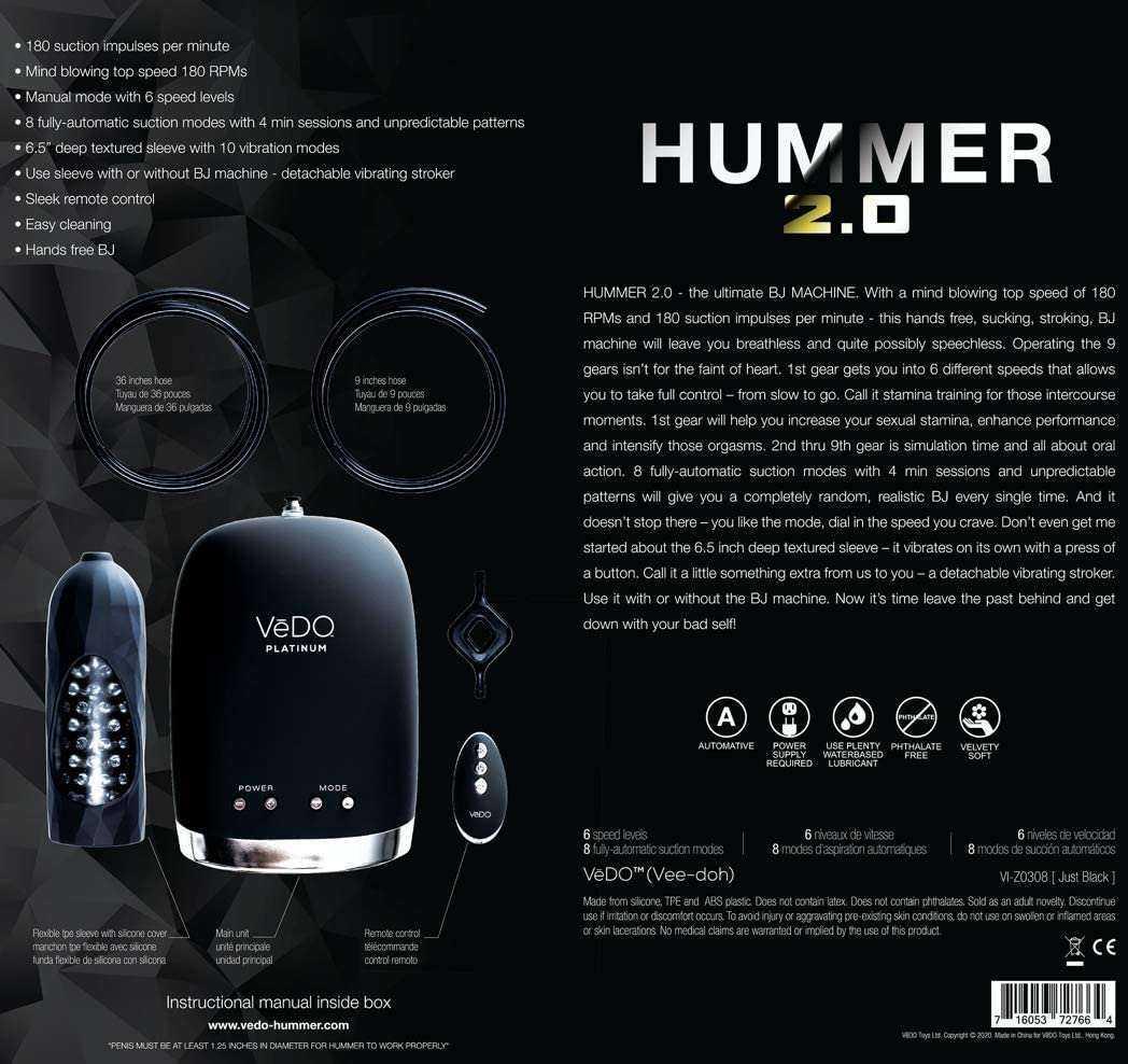 Vedo Hummer 2.0 sleek black vibrating stimulator with flexible shaft and clitoral attachment for dual stimulation, 10 vibration modes, waterproof and quiet motor.