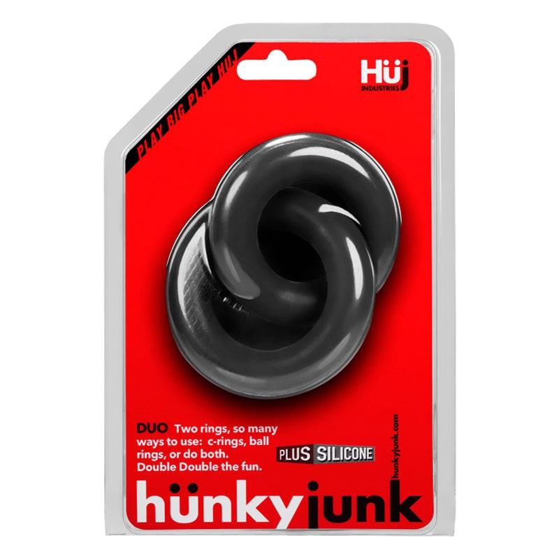 Hunkyjunk DUO linked cock and ball rings in black silicone for enhanced pleasure and performance