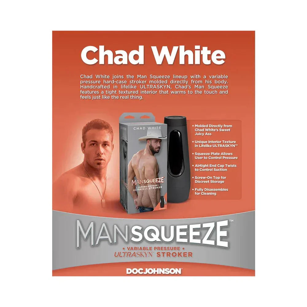 Man Squeeze - Chad White ULTRASKYN Stroker in black packaging with product images and features, designed by Doc Johnson.