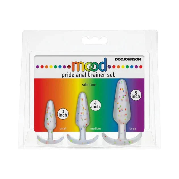 Mood Pride Anal Plug training set with three rainbow confetti silicone plugs in small, medium, and large sizes for gradual anal training.