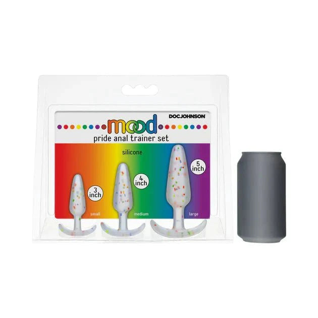 Mood Pride Anal Plug Training Set with three rainbow confetti silicone plugs in small, medium, and large sizes for gradual anal training