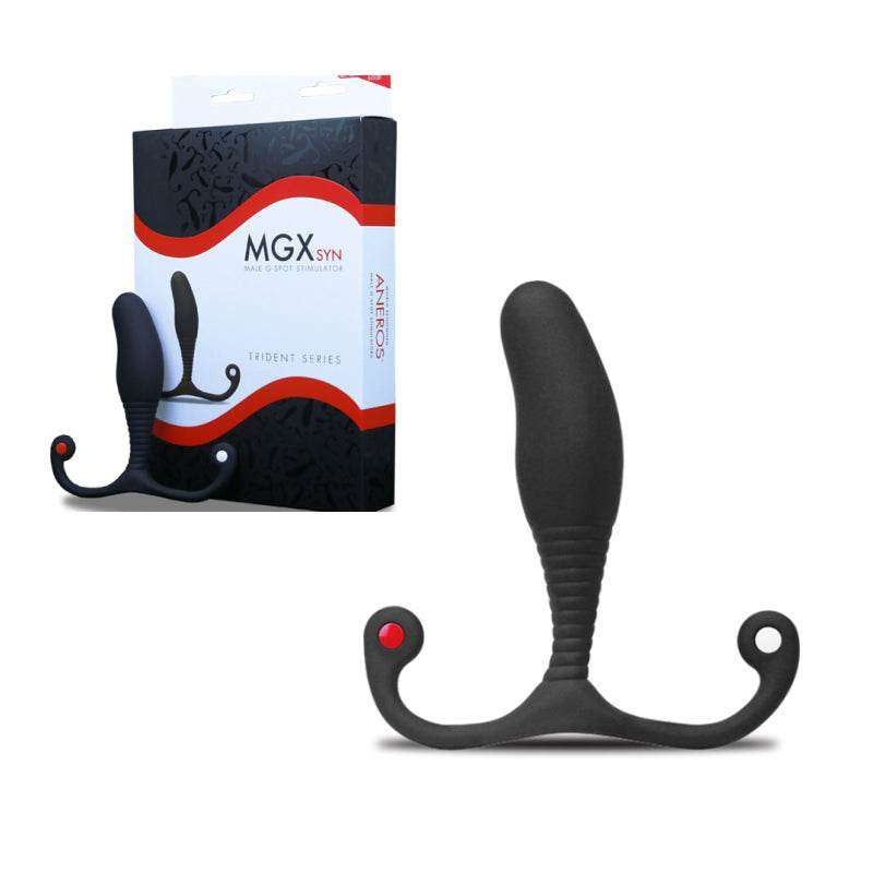Aneros Trident Series black prostate stimulator with ergonomic curved design and packaging box