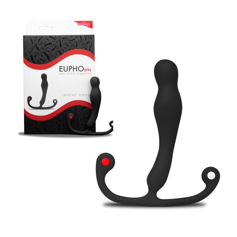 Aneros Trident Series black ergonomic prostate stimulator with curved ridges and flexible base shown with packaging