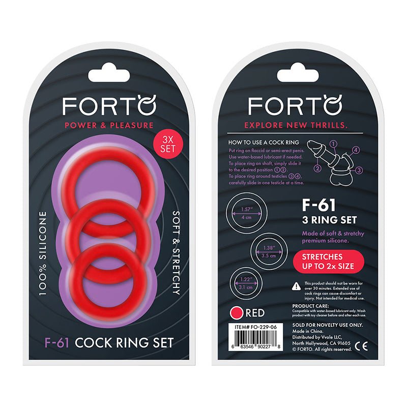 Forto F-61 3-Piece Silicone Cockring Set with three rings in different sizes for enhanced intimate moments.
