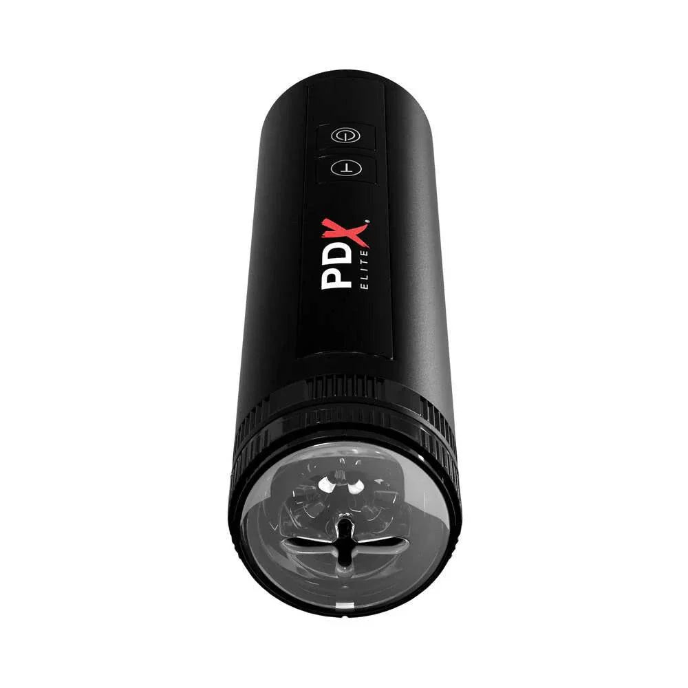 PDX Elite Moto Bator X Thrusting Masturbator in Clear/Black with piston-action thrusting and removable sleeve.