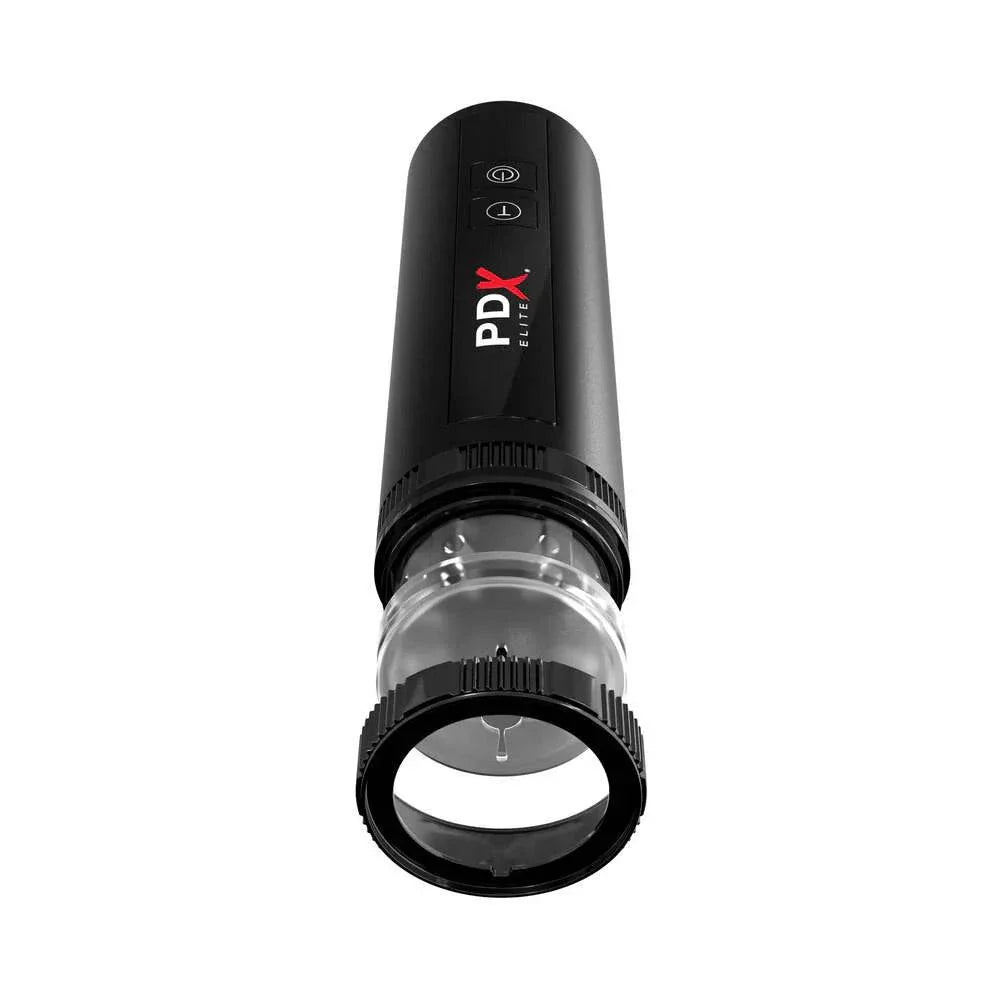 PDX Elite Moto Bator X thrusting masturbator with clear and black design.