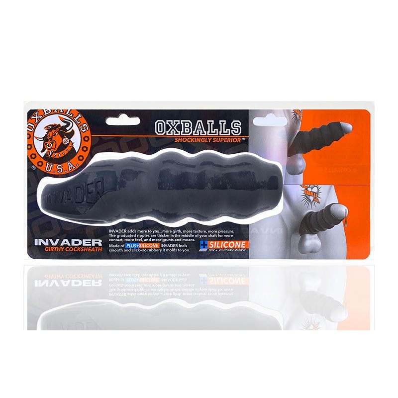 Oxballs Invader Cocksheath packaging with PLUS+SILICONE™ and open-ended design for stimulation.