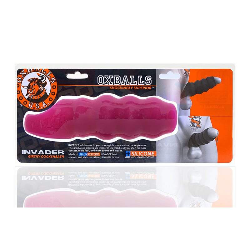 Oxballs Invader Cocksheath packaging featuring open-ended design and PLUS+SILICONE™ material.
