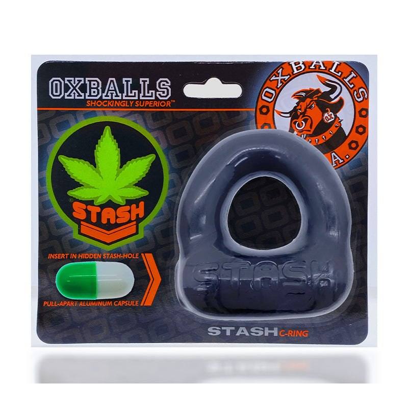 Oxballs Stash Cockring with Aluminum Capsule Insert in package, showcasing sleek design and discreet storage feature.
