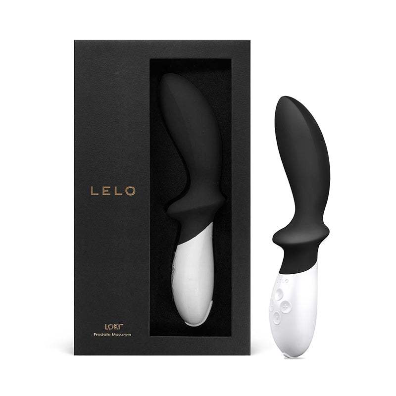 LELO LOKI Rechargeable Prostate Vibrator in black and white with ergonomic design and control buttons, shown beside its black packaging box.