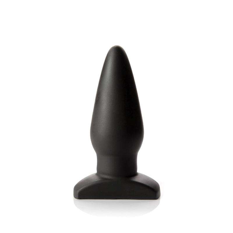 Tantus Ringo Premium Silicone Plug, black, medical-grade silicone, contoured shape, flared base for security.