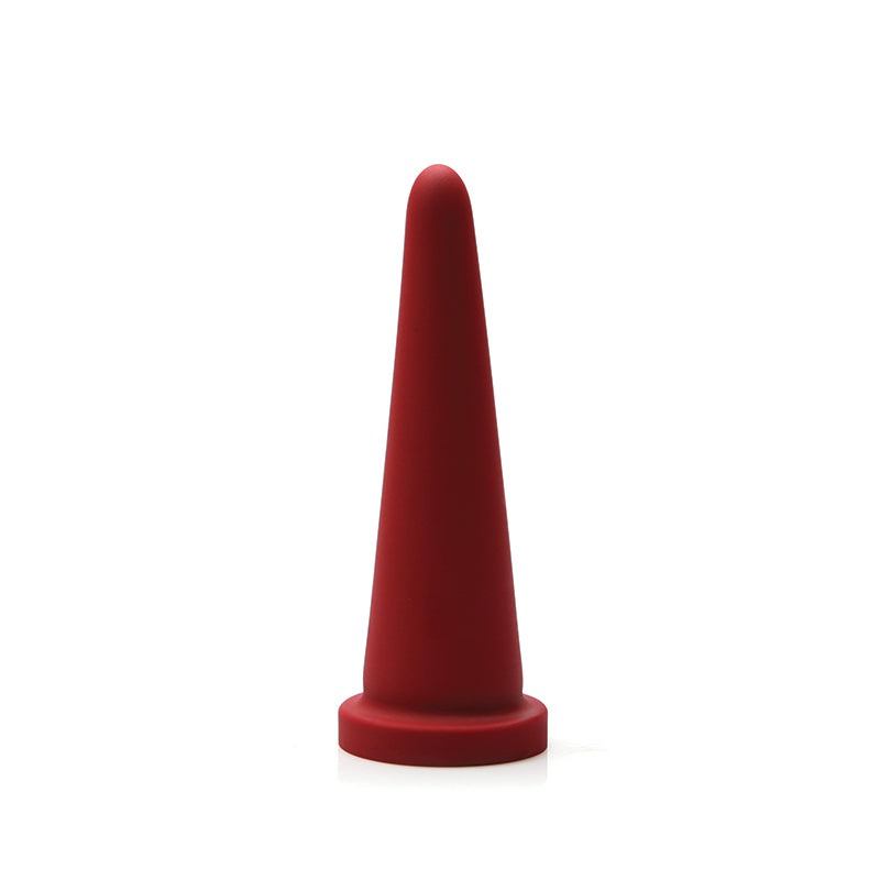 Small red silicone Tantus Cone Dildo with tapered shape for targeted stimulation and easy cleaning