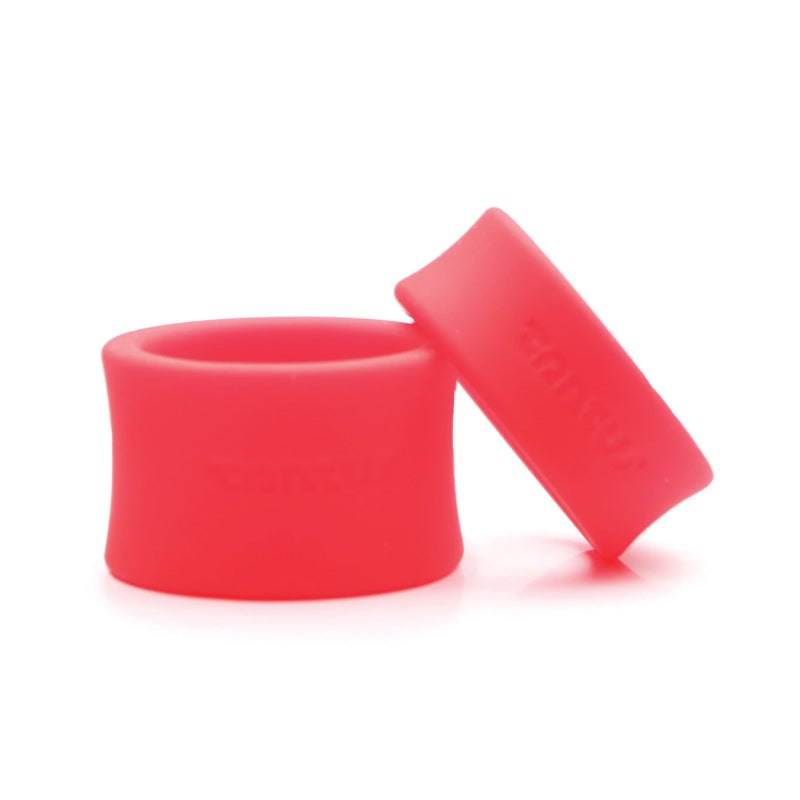 Tantus Premium Silicone Ball Stretcher Kit featuring two red silicone stretchers in different sizes.