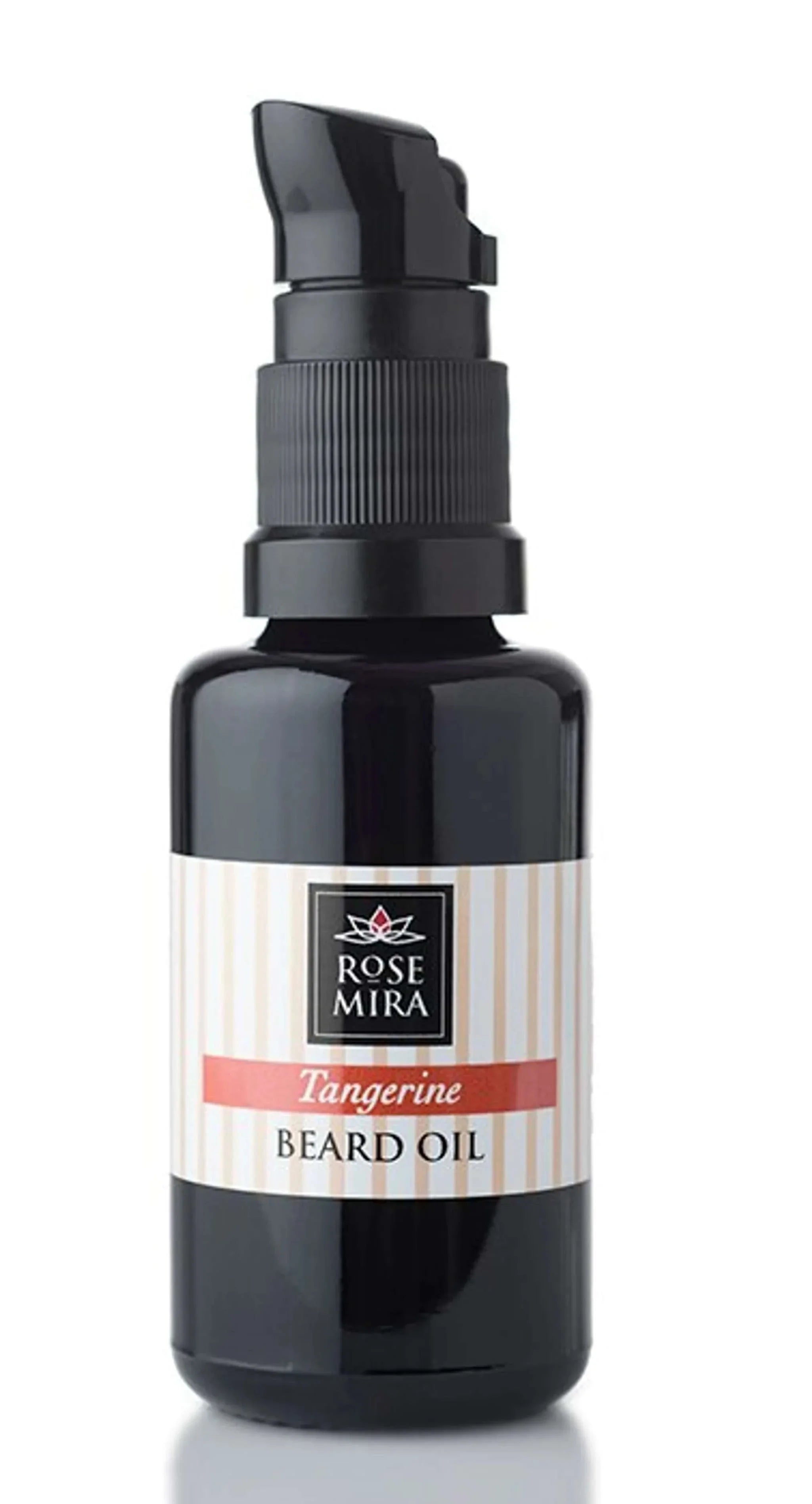 Black pump bottle of Rose Mira Tangerine beard oil for softening and nourishing facial hair