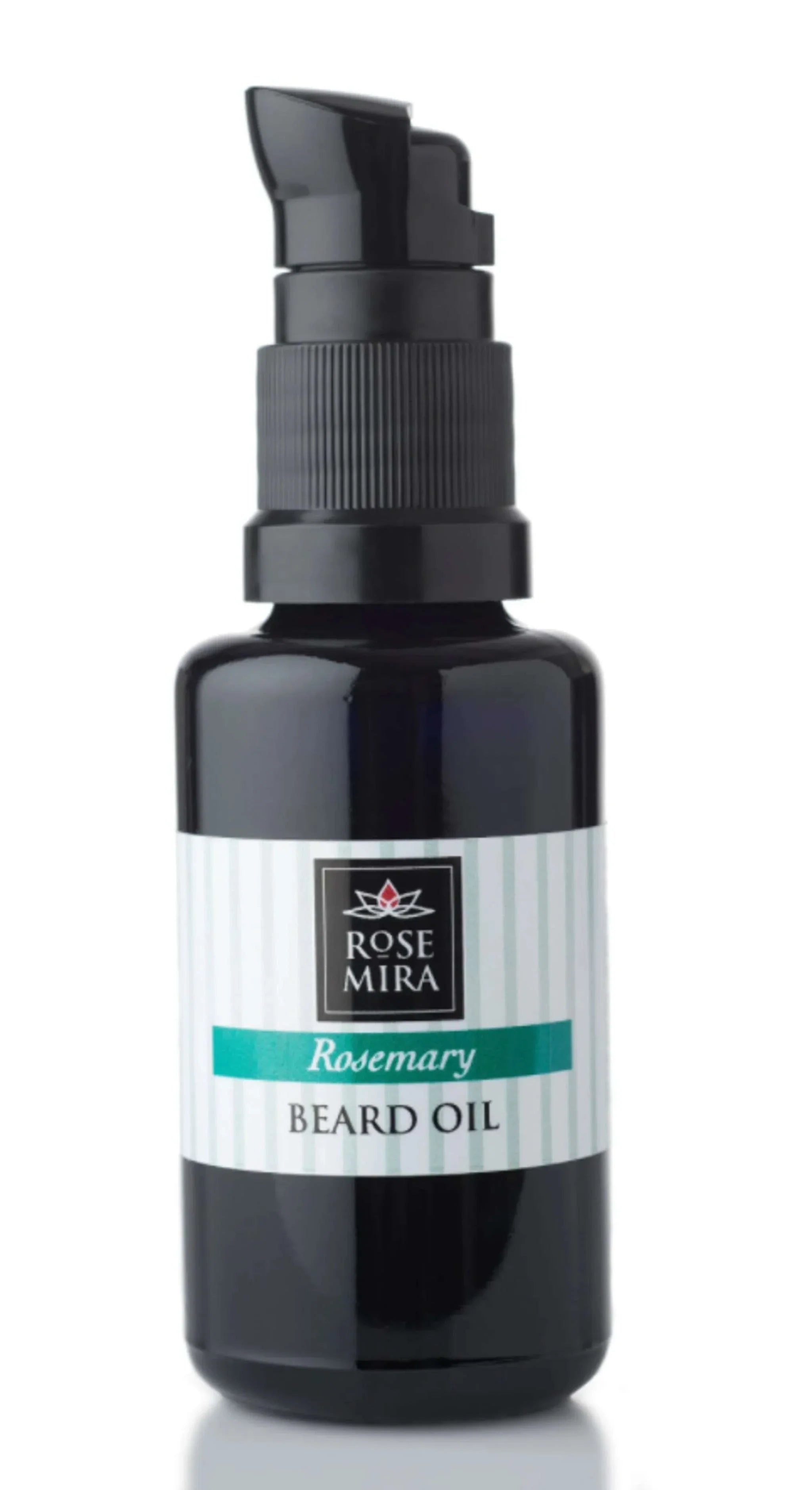 Rose Mira Rosemary Beard Oil in a black 0.5oz pump bottle for beard care and nourishment