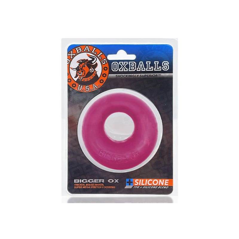 OxBalls Bigger Ox Thick Cockring in packaging, pink silicone ring for enhanced pleasure and performance.
