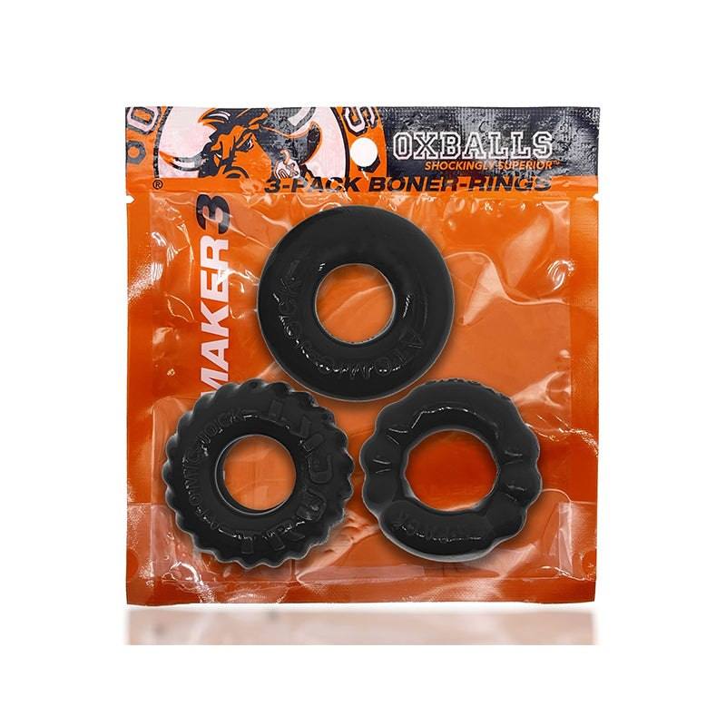 OxBalls Bonemaker 3-Pack Cockring Kit with three black cockrings displayed in packaging.
