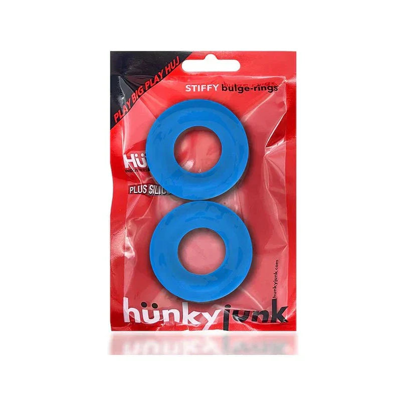 OxBalls Stiffy 2-Pack Silicone Bulge Cockrings packaging with two blue silicone rings.