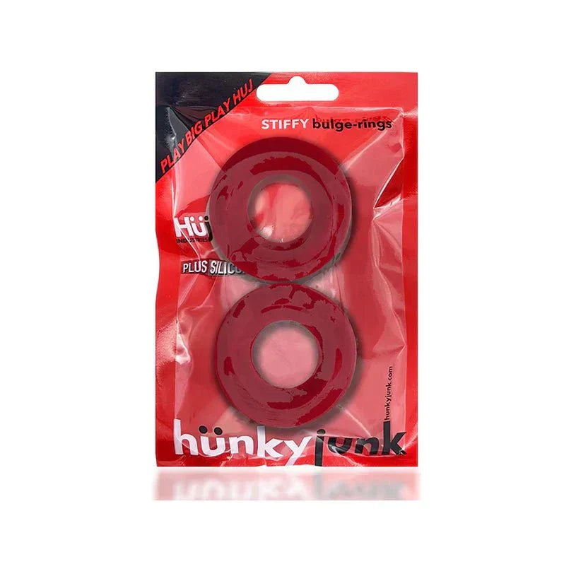 OxBalls Stiffy 2-Pack Silicone Bulge Cockrings in package, red color, two sizes.