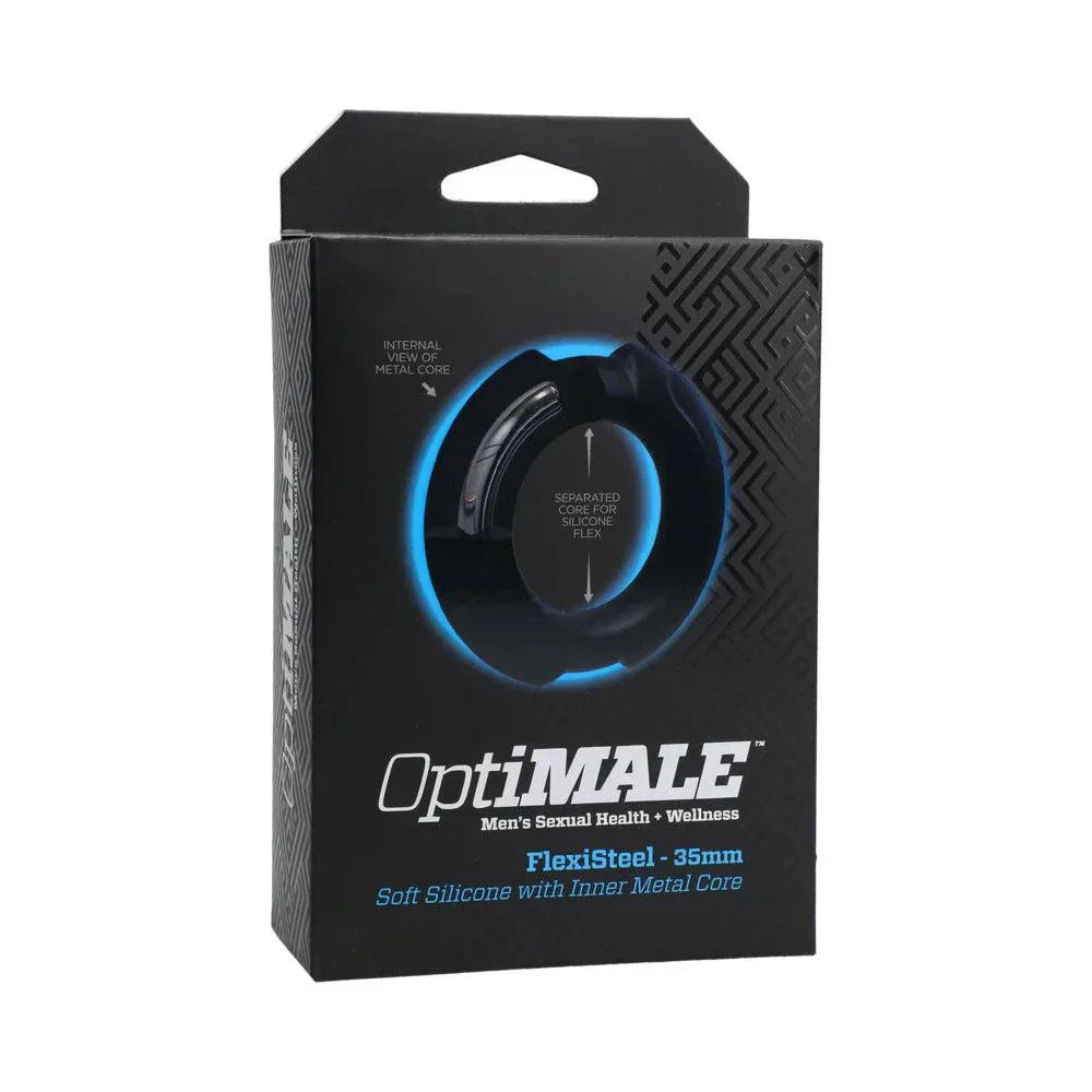OptiMALE FlexiSteel Silicone Metal Core Cock Ring 35 mm Black packaging