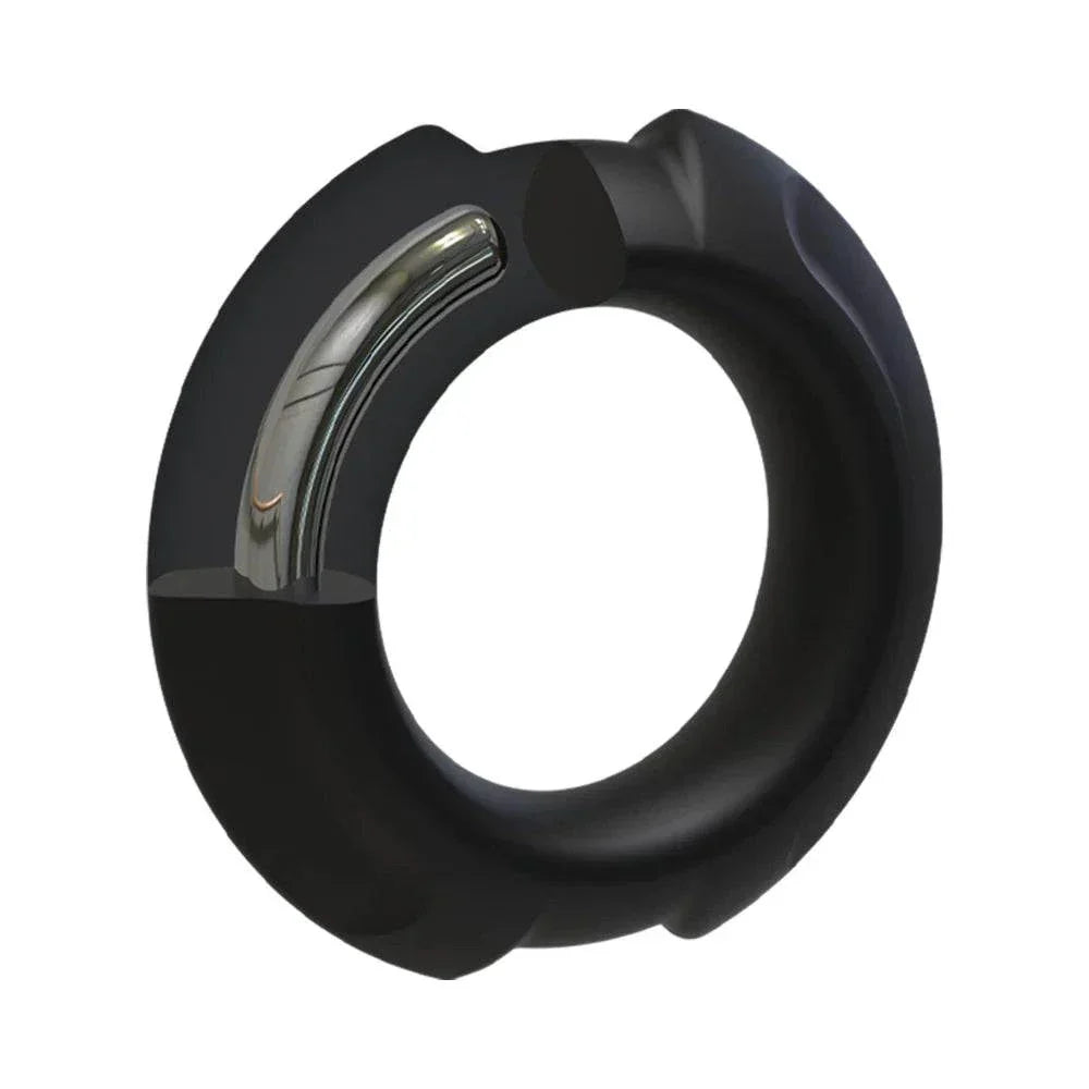 OptiMALE FlexiSteel Silicone Metal Core Cock Ring 35 mm Black with stainless steel and silicone design.