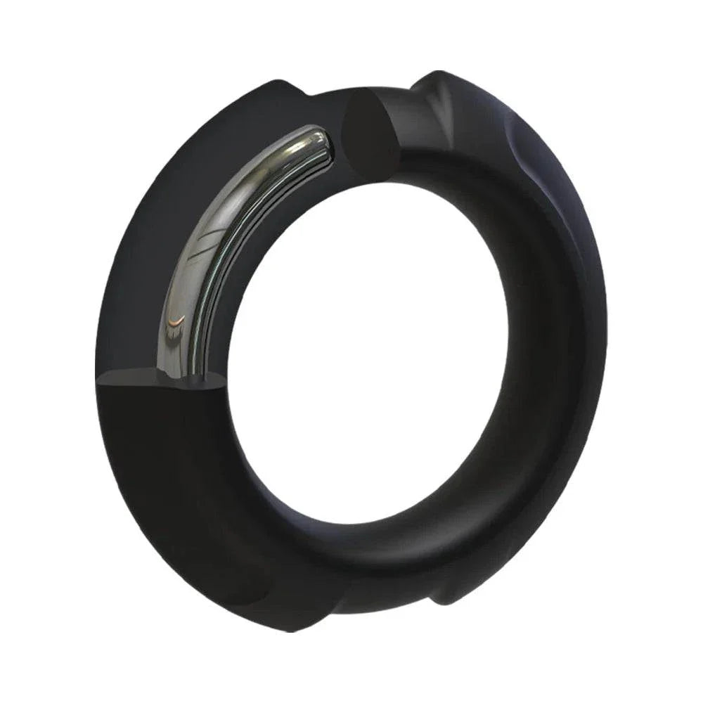 OptiMALE FlexiSteel Silicone, Metal Core Cock Ring 43 mm Black, durable and flexible design for enhanced pleasure.