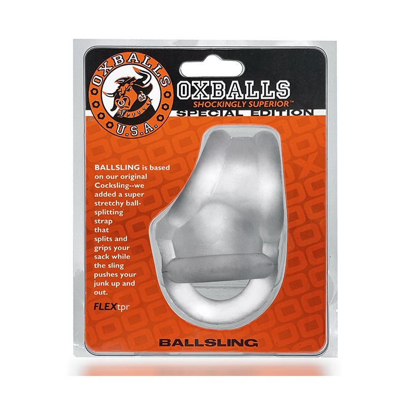 OxBalls Ballsling Ball-Split-Sling in package, special edition cock ring for enhanced pleasure and stimulation.