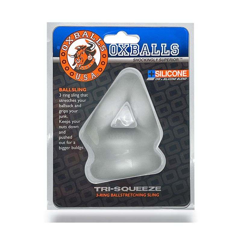 Oxballs Tri-Squeeze Cocksling and Ballstretcher in packaging with silicone material, three-ring design for enhanced performance and pleasure.