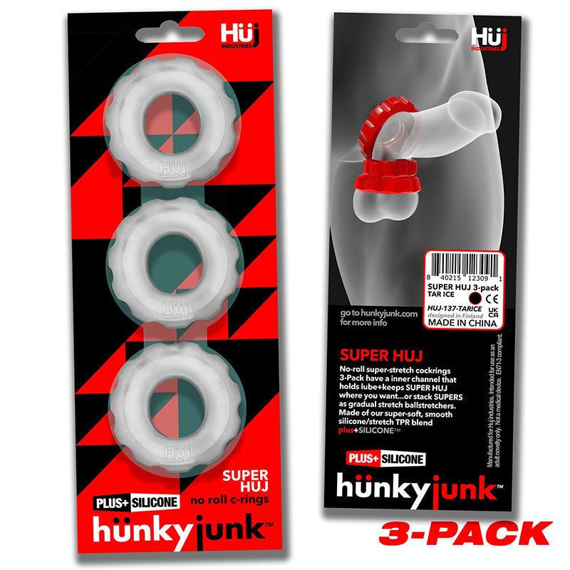 Hunkyjunk SuperHuj 3-Pack Cockrings with Plus+SILICONE for enhanced pleasure and performance.