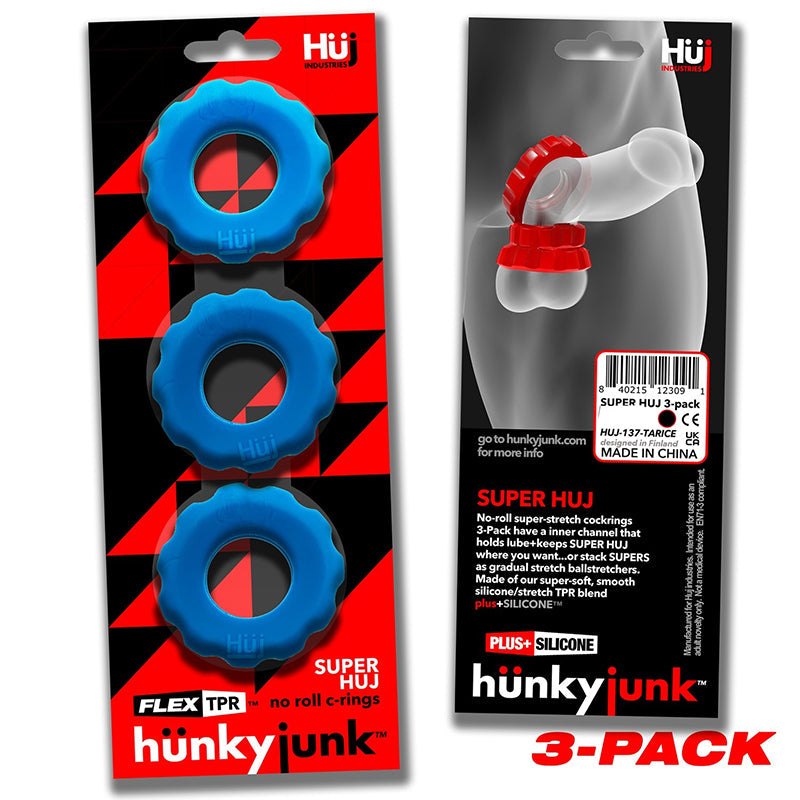 Hunkyjunk SuperHuj 3-Pack Cockrings with Plus+SILICONE mix for firm fit and maximum stretch.