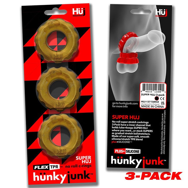 Hunkyjunk SuperHuj 3-Pack Cockrings with Plus+SILICONE mix, luxurious velvet finish, and metallic flexTPR design.