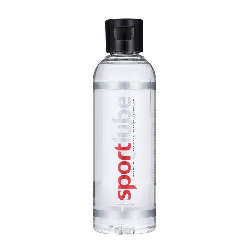 SportLube Premium Silicone-Based Lubricant bottle, transparent formula, ideal for intimate use and massages.