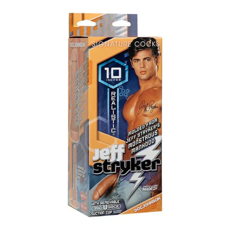 Jeff Stryker Realistic Cock 10-inch lifelike dildo with textured shaft and suction cup base in packaging