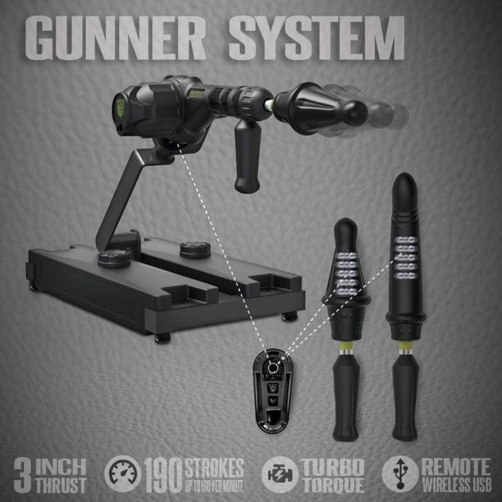 Fort Troff FT GUNNER 3-in-1 sex machine with remote and attachments, black recreational device with powerful thrust and stroke features.