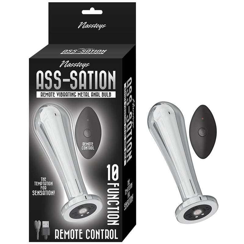 Nasstoys Ass-Sation Remote Controlled Vibrating Metal Anal Plug and Bulb with packaging and remote.