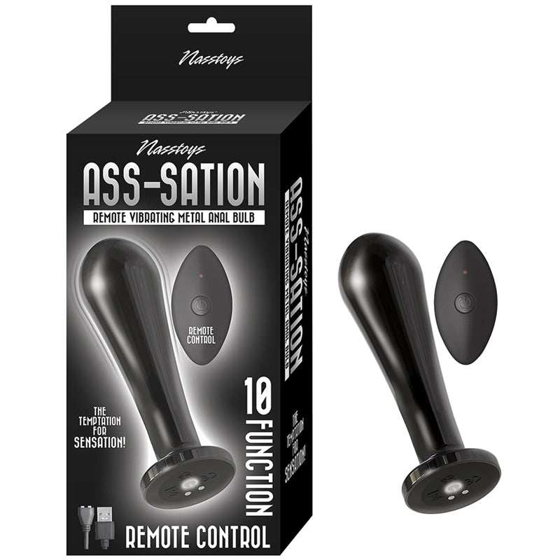 Nasstoys Ass-Sation remote controlled vibrating metal anal plug with 10-function remote control.