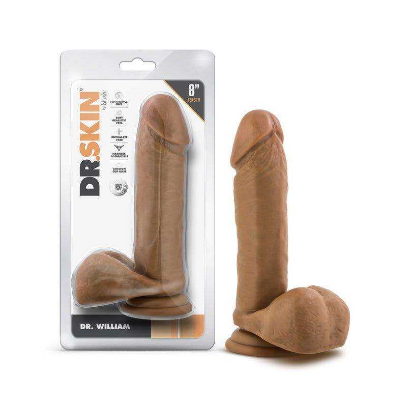 Dr. Skin Dr. William 8-inch realistic suction dildo with textured balls and a lifelike veined shaft in brown color.