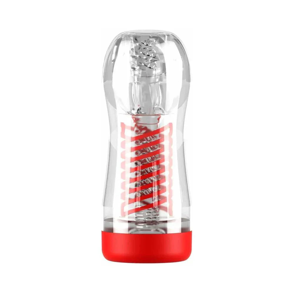 Transparent PDX Elite ViewTube 2 stroker with spiral compression design and red base.