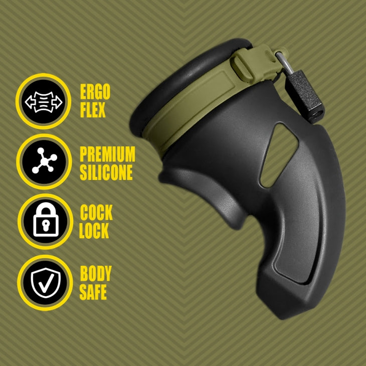 Fort Troff CUMfort Cage Black, silicone chastity device with ergonomic design, adjustable EZ ring, and padlock for secure, comfortable use.