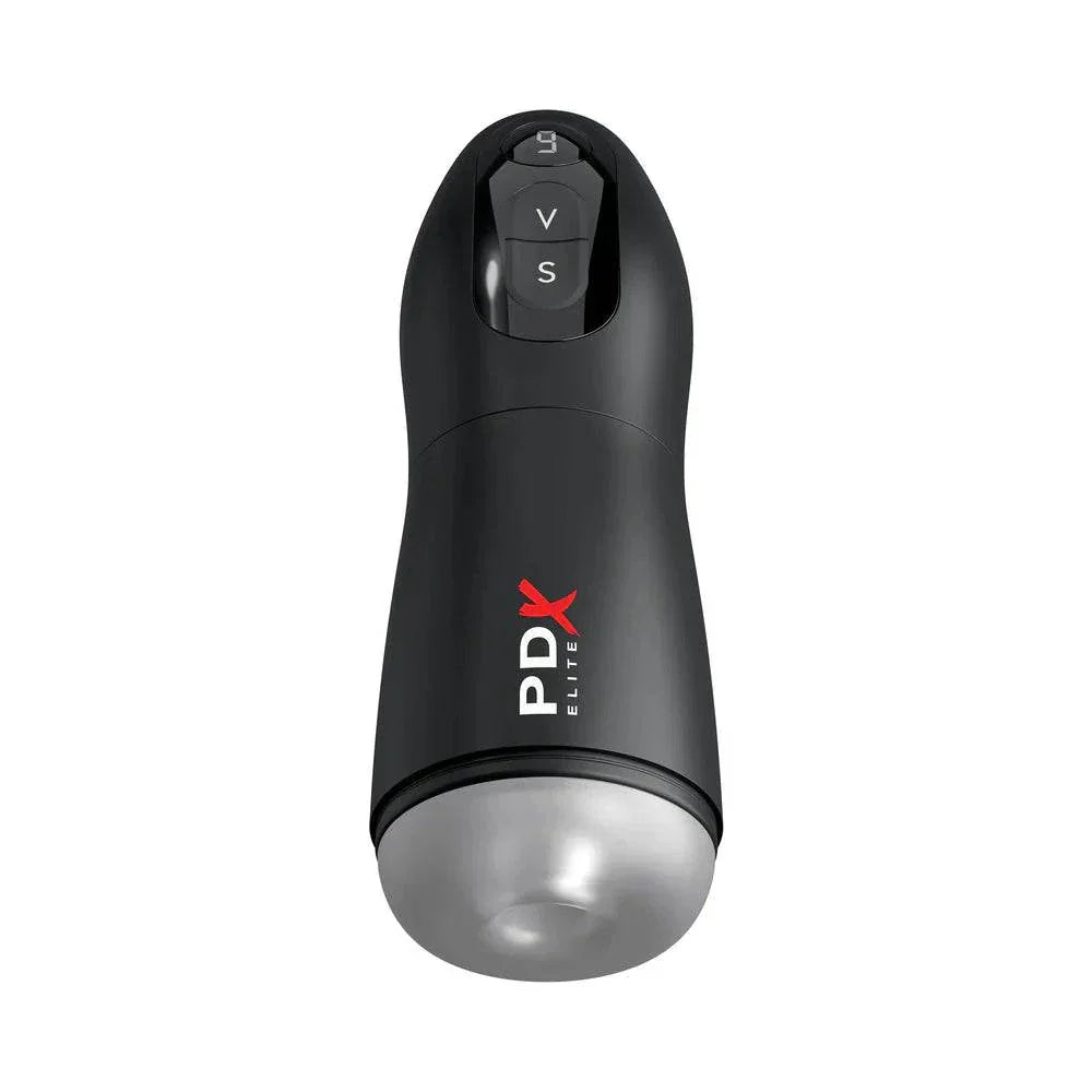 PDX Elite Suck-O-Matic Frosted/Black, advanced suction and vibration stroker with LED display.