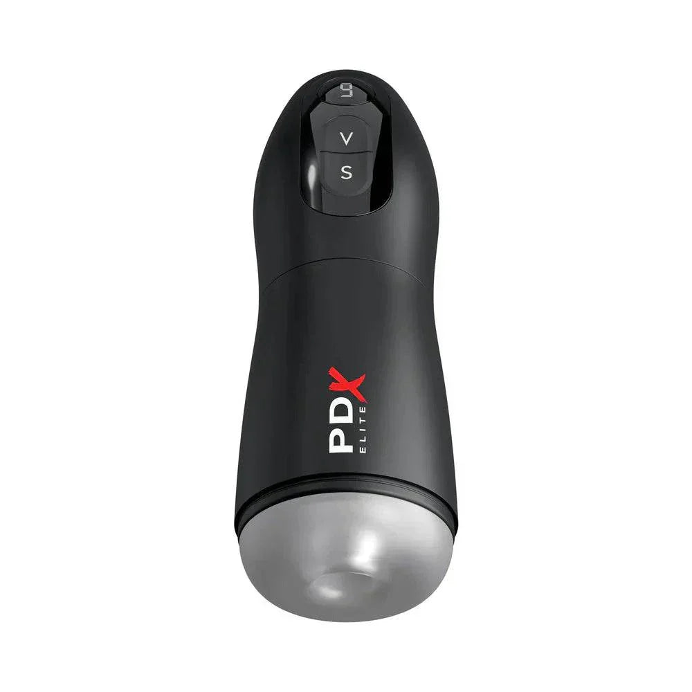PDX Elite Suck-O-Matic Frosted/Black, advanced suction and vibration stroker with LED display.