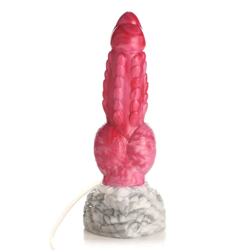 Phoenix-inspired squirting silicone dildo with red shaft, white base, and suction cup.
