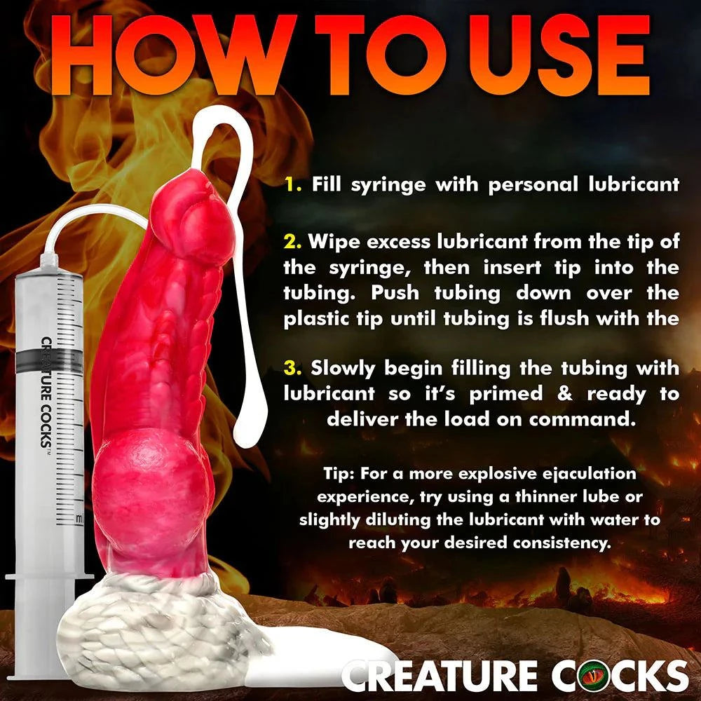 Creature Cocks Resurrector Phoenix Squirting Silicone Dildo with suction base and syringe.