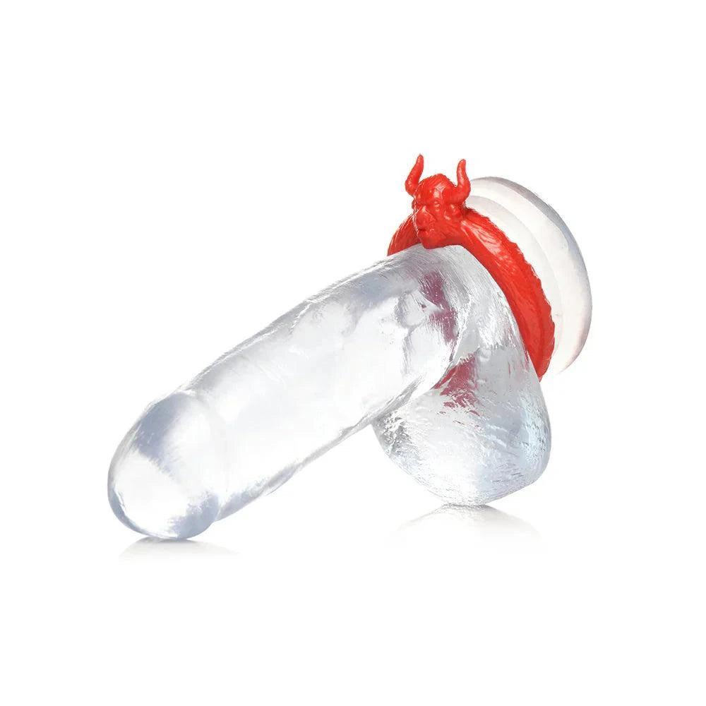 Red silicone cock ring with horned beast design.