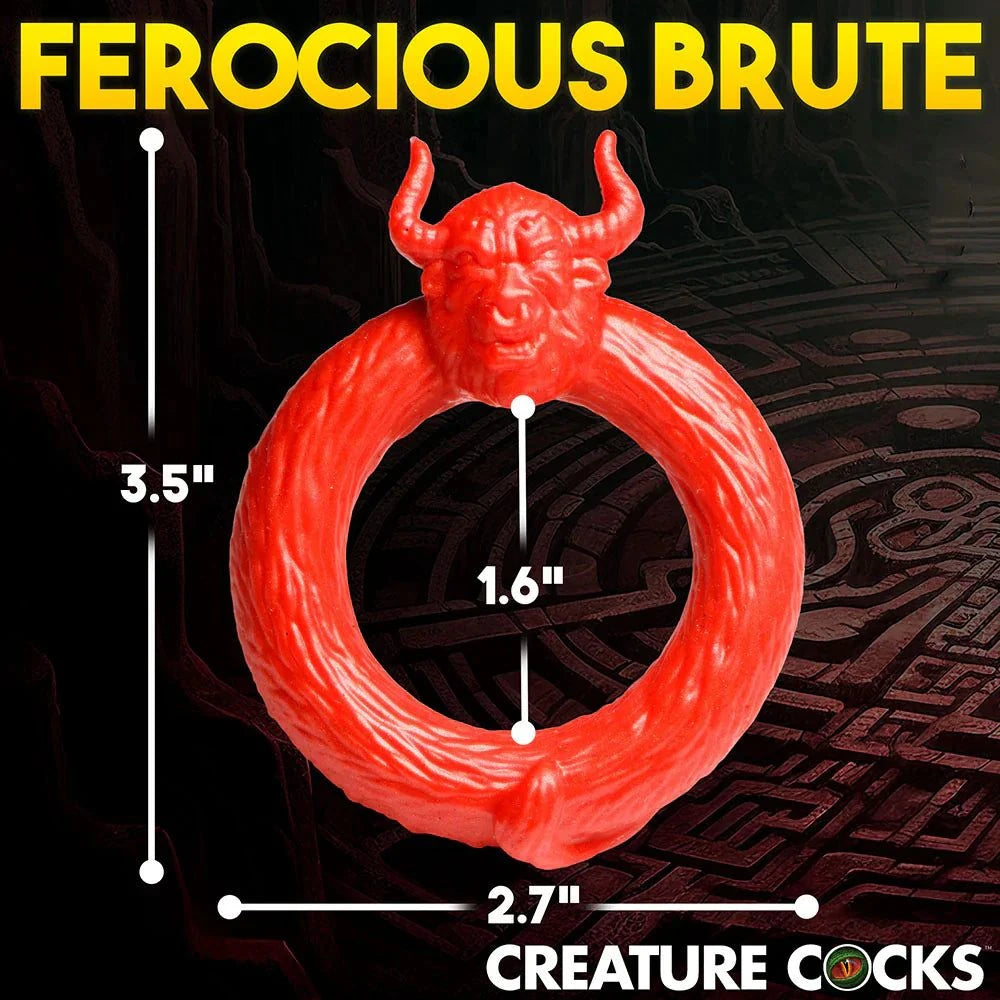 Creature Cocks Beast Mode Silicone Cock Ring, red, 3.5" length, 2.7" width, 1.6" inner diameter, primal design with horns.
