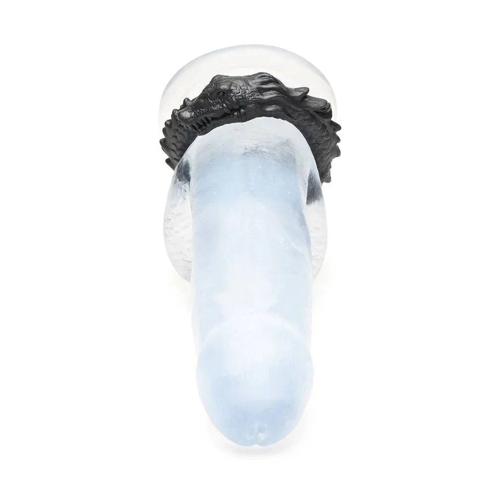 Creature Cocks Black Caiman Silicone Cock Ring with caiman design on model.